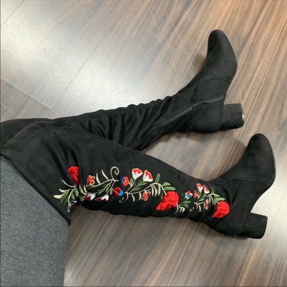 betani Shoes - BETANI Black Floral Over the Knee Boots